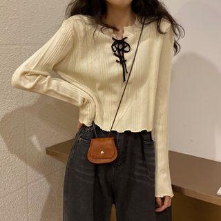 Ribbed Lace-up Knit Top