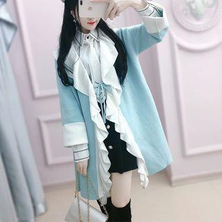 Front-knot Ruffled Jacket Bluish Green - One Size