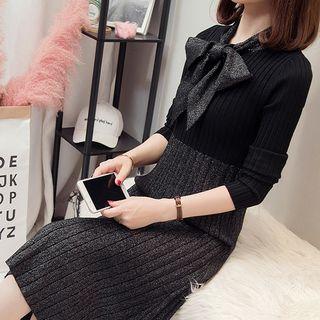 Long-sleeve Tie-neck Paneled Knit Dress