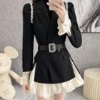 Set: Double-breasted Rhinestone Blazer + Long-sleeve Puffy Mini A-line Dress
