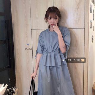Elbow-sleeve Midi A-line Dress Grayish Blue - One Size