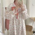 Bell-sleeve Floral Print Sleep Dress Pink & Green & White - One Size