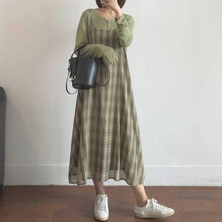 Spaghetti Strap Plaid A-line Midi Chiffon Dress