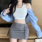 Cold-shoulder Crop Top / Button-up Mini Knit Skirt
