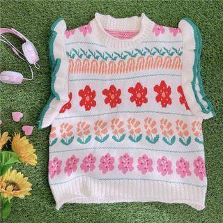 Floral Jacquard Frill Trim Sweater Vest White - One Size