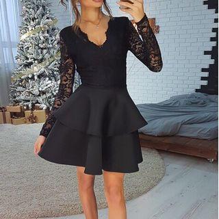 Lace-sleeve A-line Layered Dress