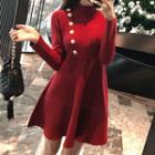 Buttoned Long-sleeve Knit Mini A-line Dress Wine Red - One Size
