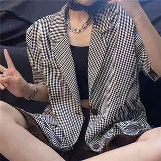 Short Sleeve Gingham Two Button Blazer