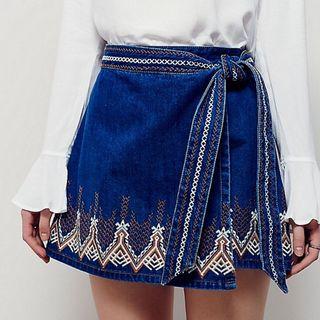 Embroidered Lace-up Denim Skirt