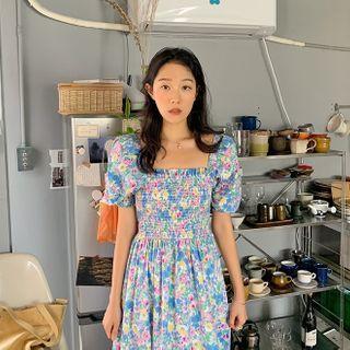Square-neck Smocked Floral Maxi Dress