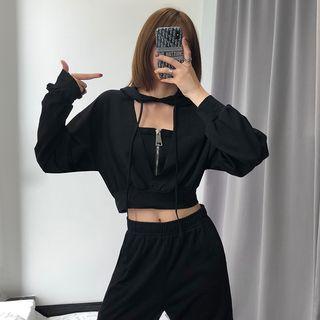 Deep V-neck Loose-fit Hooded Crop Top