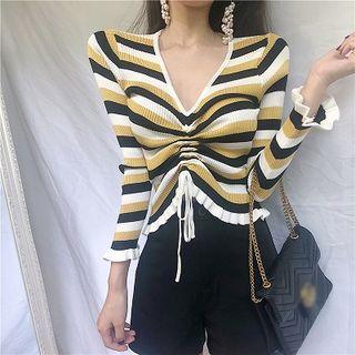 Striped V-neck Ruffled-trim Drawcord Knit Top