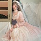 Long-sleeve A-line Dress / Veil / Choker / Set