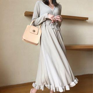 V-neck Long-sleeve Ruffle Hem Midi A-line Dress
