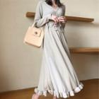 V-neck Long-sleeve Ruffle Hem Midi A-line Dress