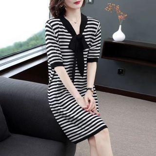 Short-sleeve Bow-neck Shift Dress