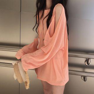 Cold Shoulder Long Sleeve Plain T-shirt