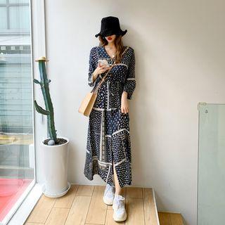 Buttoned Drawstring-waist Maxi Patterned Dress