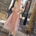 Bow Detail V-neck Long-sleeve Knit Top / High-waist Midi A-line Skirt / Set