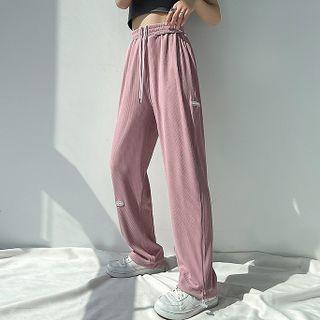 High-waist Drawstring Two-way Plain Lettering Applique Wide-leg Pants