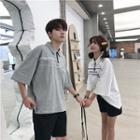 Couple Matching Lettering Elbow-sleeve Zip-up Polo Shirt