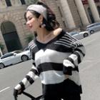 Long-sleeve Color Block Knit Top Stripes - Black & White - One Size