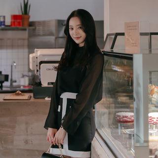 Set: Stand-collar Sheer Blouse + Camisole Top