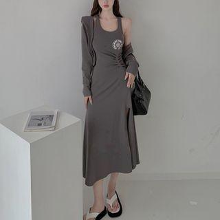 Side-slit Midi Tank Dress / Hooded Crop Jacket