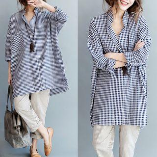 Beaded Open Placket Gingham Long Shirt
