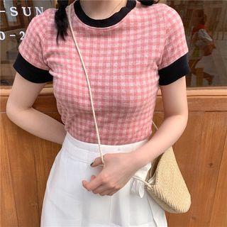Checked Contrast Trim Short-sleeve Knit Top