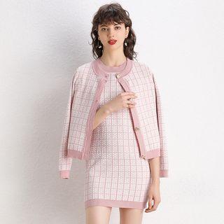 Set: Sleeveless Plaid Mini Sheath Dress + Cardigan