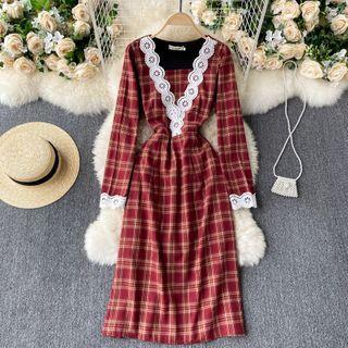Cutout Lace Color Block Panel Plaid Dress