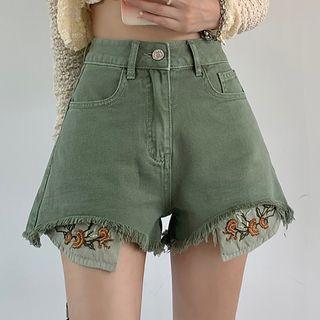 Flower Embroidered Fringed Hem Denim Shorts