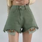 Flower Embroidered Fringed Hem Denim Shorts