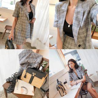 Set: Short-sleeve Linen Blend Plaid Blazer + Shorts