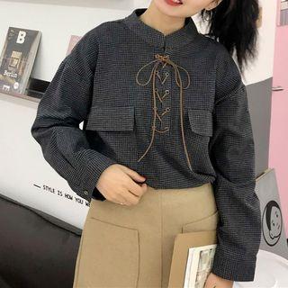 Lace Up Front Plaid Blouse