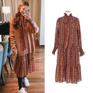 Bow Accent Flower Print Long-sleeve Midi Dress