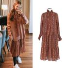 Bow Accent Flower Print Long-sleeve Midi Dress