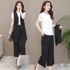 Set: Short-sleeve T-shirt + Striped Long Vest + Wide-leg Pants