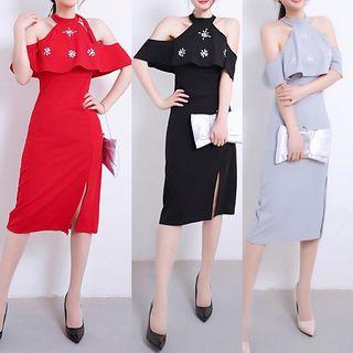 Embellished Cold-shoulder Sheath Dress
