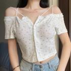 Short-sleeve Cold-shoulder Flower Print T-shirt