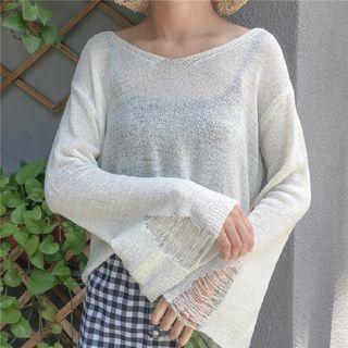 Distressed Bell-sleeve Knit Top