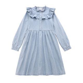Ruffle Trim Long-sleeve Denim A-line Dress