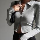 Plain Zipper Long-sleeve Rib-knit Top
