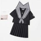 Sailor Collar Embroidered Blouse / Cardigan / Pleated Skirt / Set