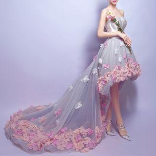 Flower Applique Strapless High-low Prom Dress