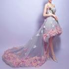 Flower Applique Strapless High-low Prom Dress