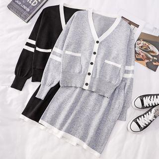 Set: V-neck Long-sleeve Cardigan + High-waist Skirt