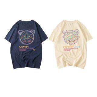 Short Sleeve Bear Print Lettering T-shirt