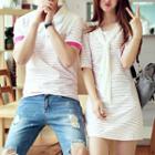 Couple Matching Short-sleeve Striped Polo Shirt / A-line Mini Dress